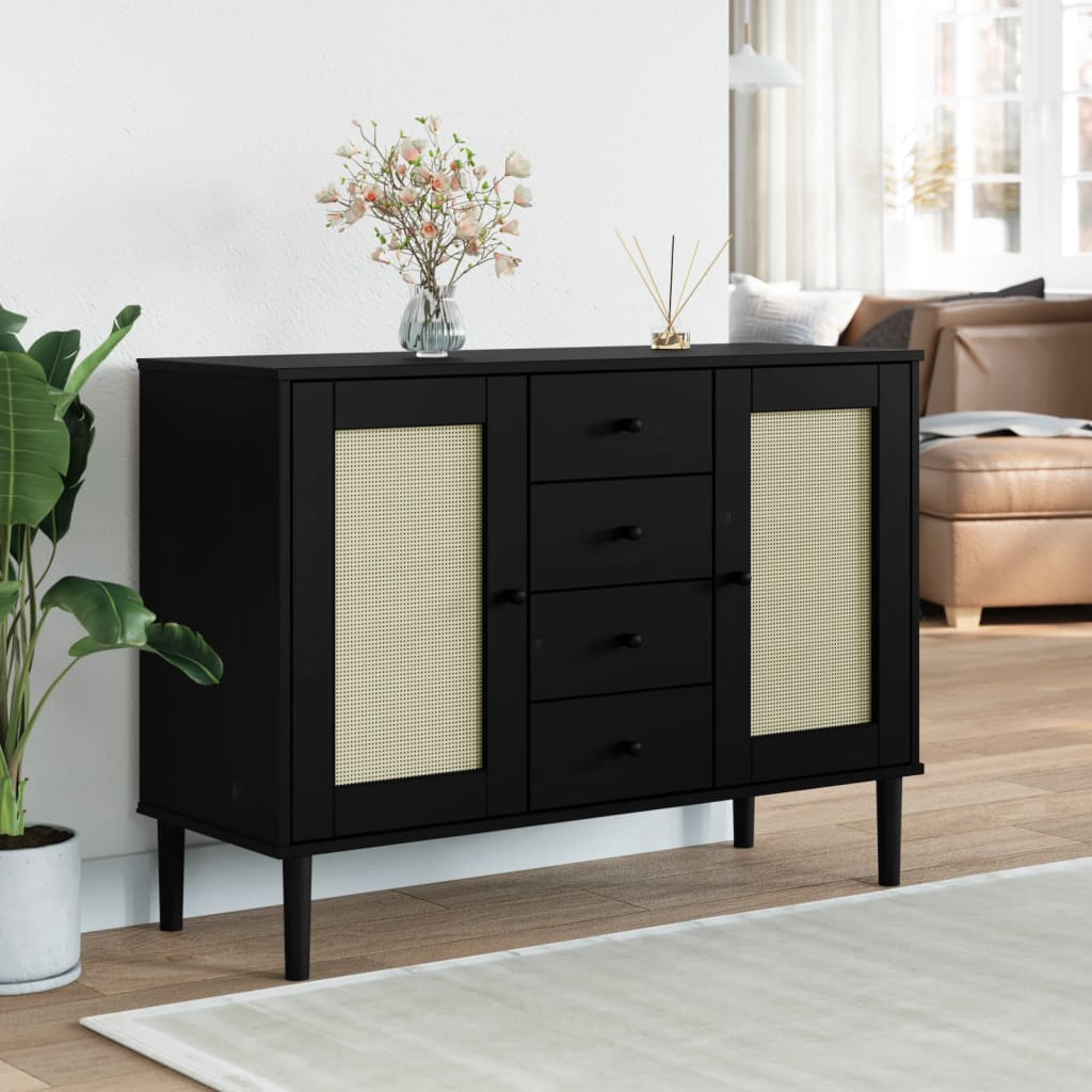 Sideboard SENJA Rattan Look Black 112x40x80 cm Solid Wood Pine