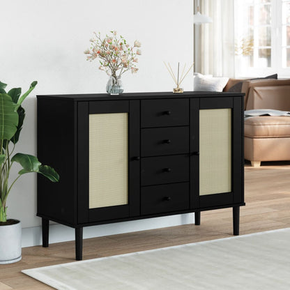 Sideboard SENJA Rattan Look Black 112x40x80 cm Solid Wood Pine