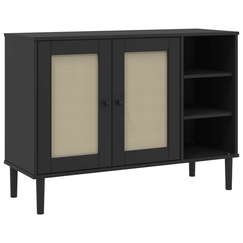 Sideboard "SENJA" Rattan Look Black 112x40x80cm Solid Wood Pine
