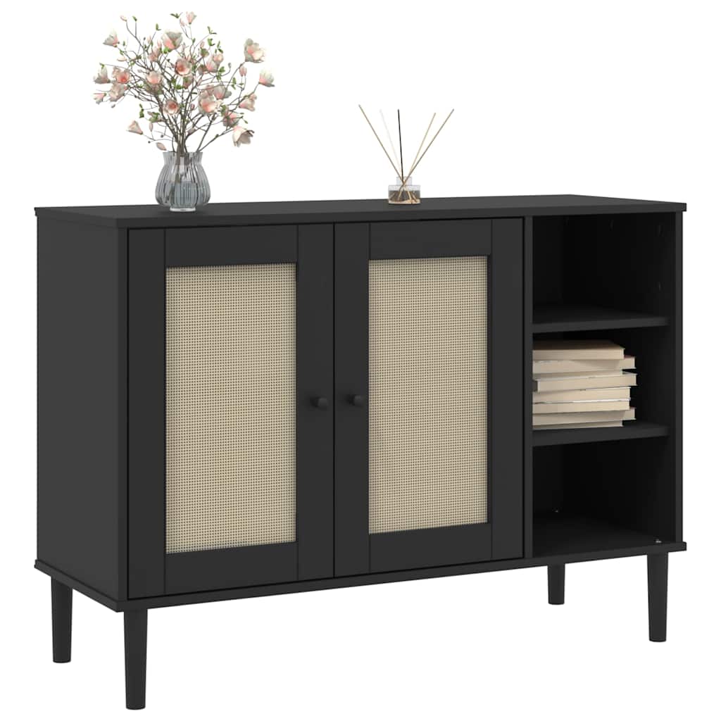 Sideboard "SENJA" Rattan Look Black 112x40x80cm Solid Wood Pine