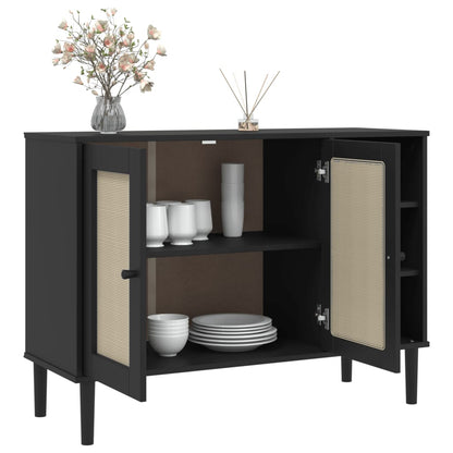 Sideboard | Black | Solid pine wood, Engineered wood, Poly rattan | Large