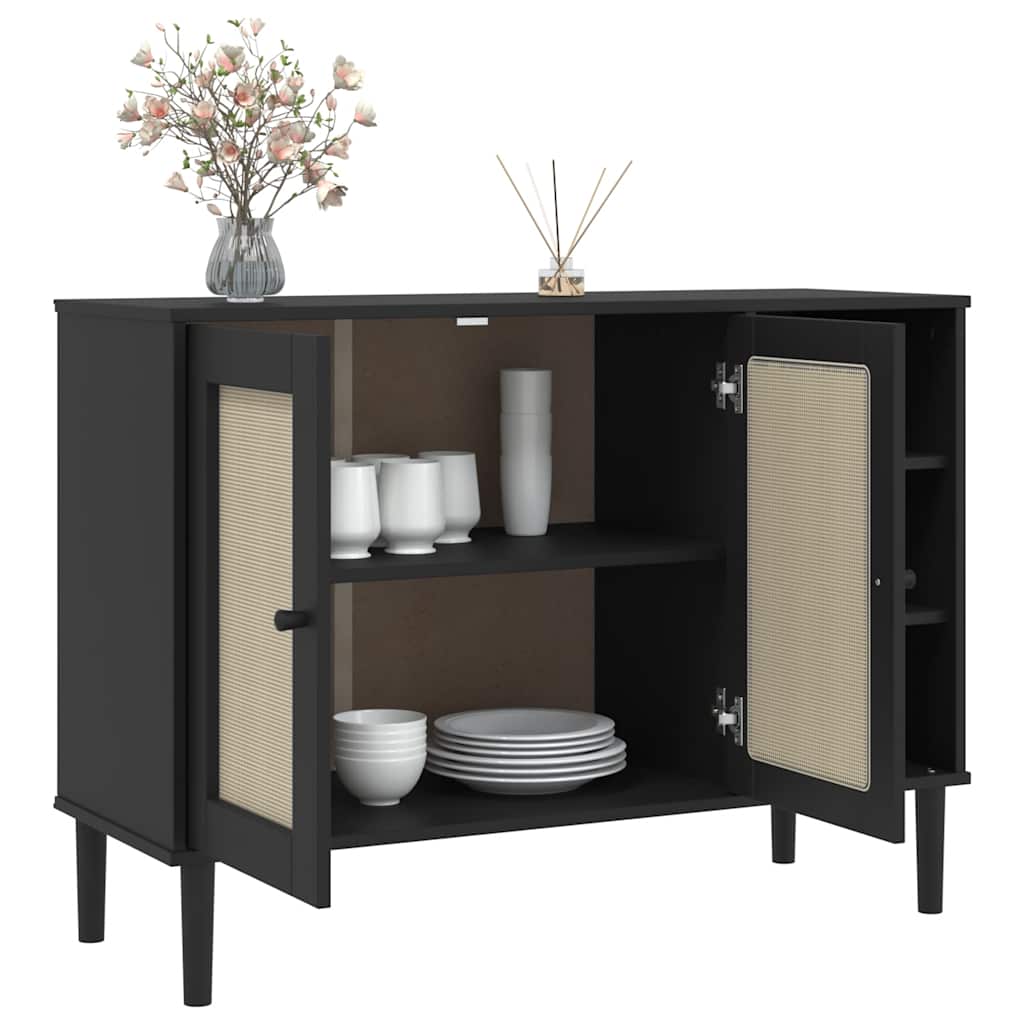 Sideboard "SENJA" Rattan Look Black 112x40x80cm Solid Wood Pine