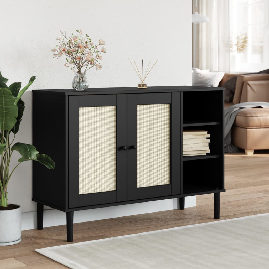 Sideboard | Black | Solid pine wood, Engineered wood, Poly rattan | Large