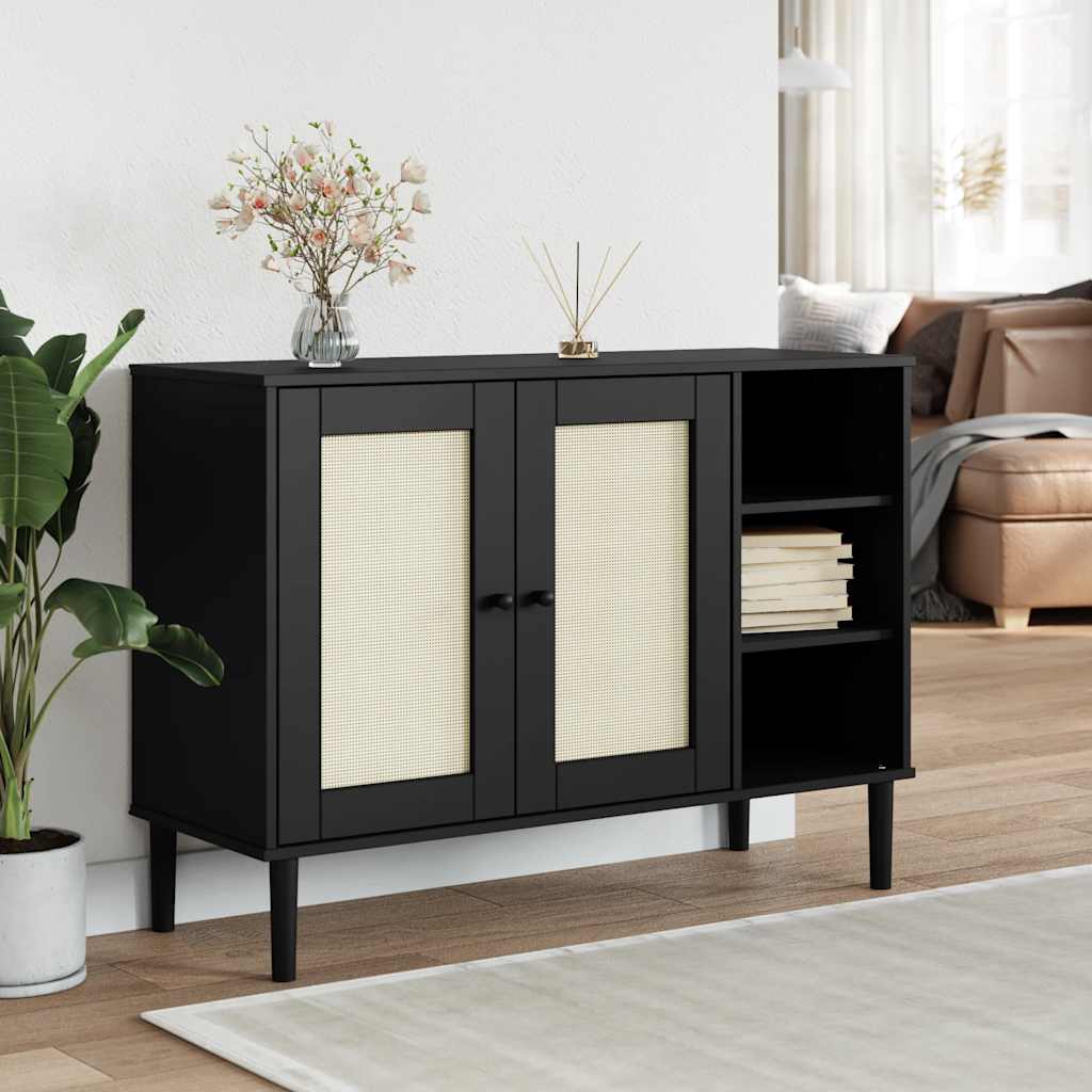 Sideboard "SENJA" Rattan Look Black 112x40x80cm Solid Wood Pine