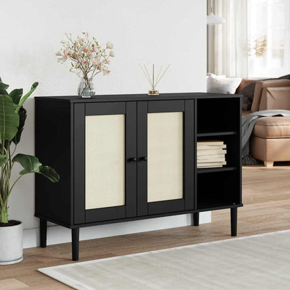 Sideboard "SENJA" Rattan Look Black 112x40x80cm Solid Wood Pine