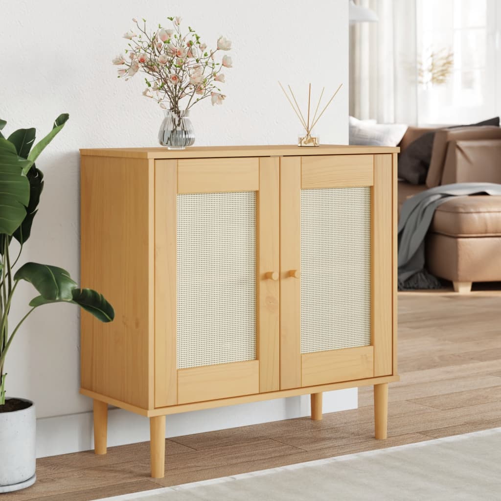 Sideboard "SENJA" Rattan Look Brown 80x35x80 cm Solid Wood Pine
