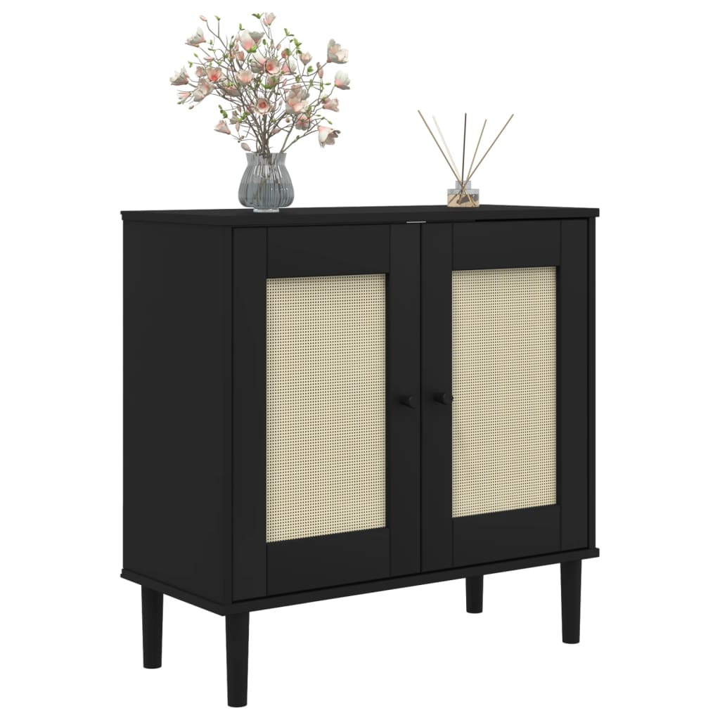 Sideboard "SENJA" Rattan Look Black 80x35x80 cm Solid Wood Pine