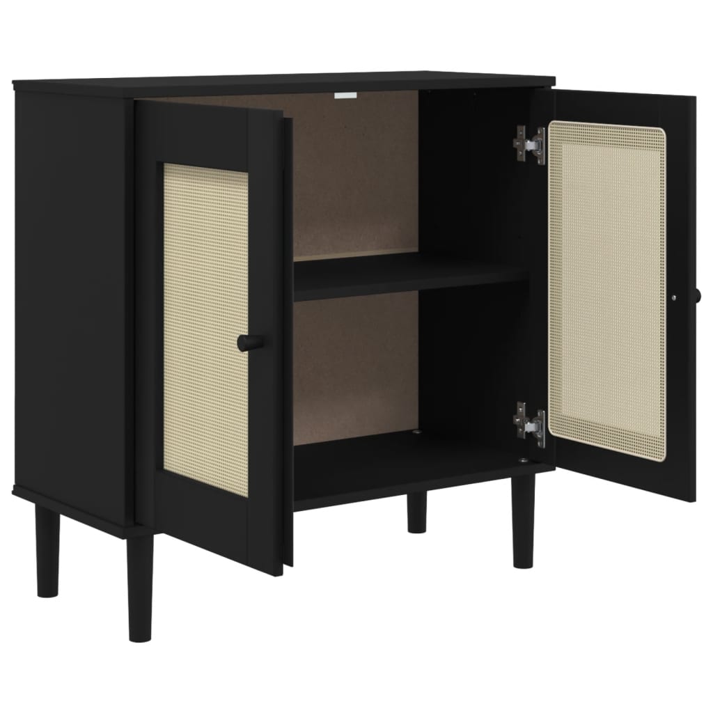 Sideboard "SENJA" Rattan Look Black 80x35x80 cm Solid Wood Pine