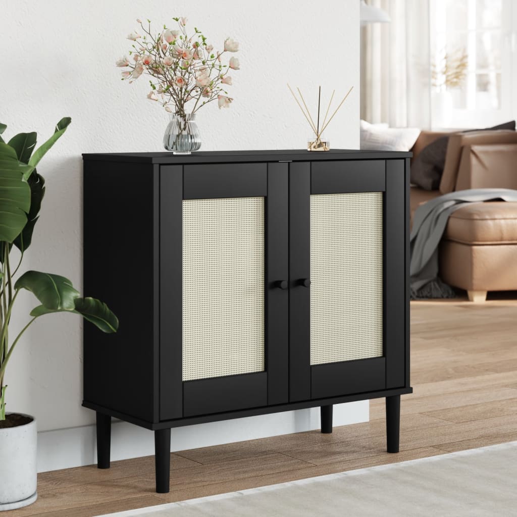 Sideboard "SENJA" Rattan Look Black 80x35x80 cm Solid Wood Pine