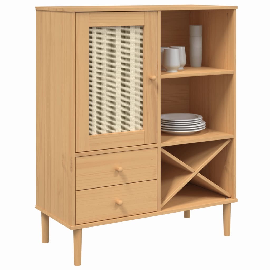 Highboard "SENJA" Rattan Look Brown 90x40x112cm Solid Wood Pine