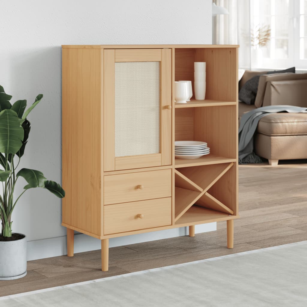 Highboard "SENJA" Rattan Look Brown 90x40x112cm Solid Wood Pine