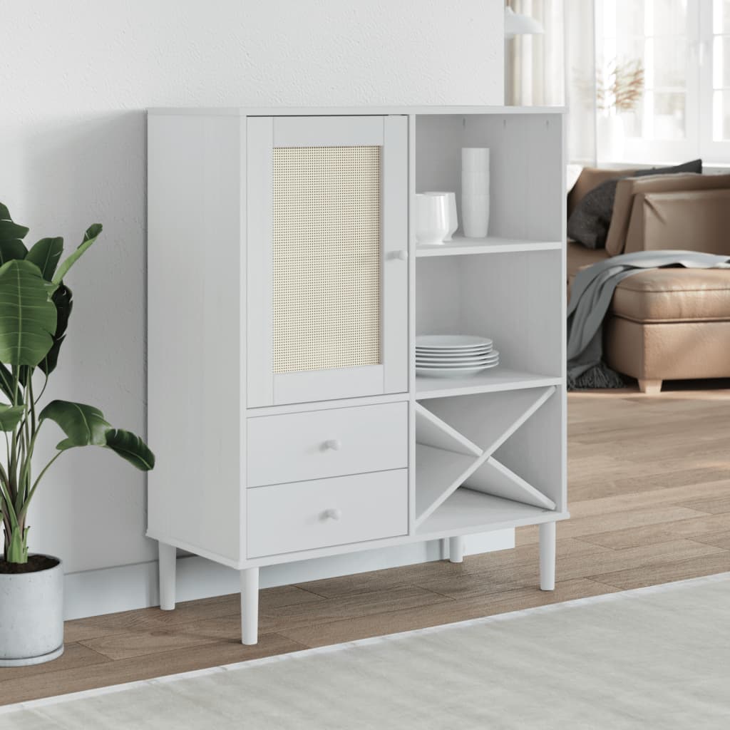Highboard "SENJA" Rattan Look White 90x40x112cm Solid Wood Pine
