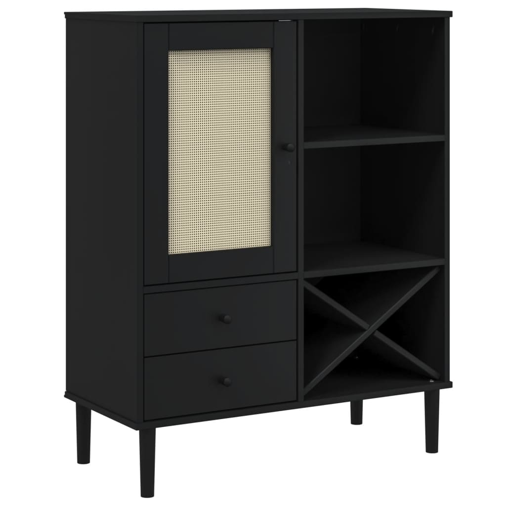 Highboard "SENJA" Rattan Look Black 90x40x112cm Solid Wood Pine