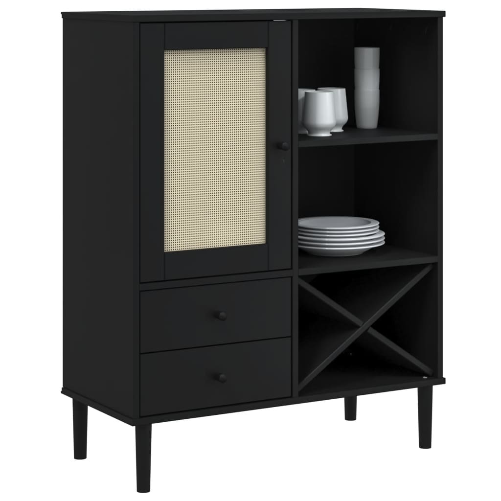 Highboard "SENJA" Rattan Look Black 90x40x112cm Solid Wood Pine