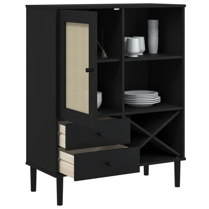 Highboard "SENJA" Rattan Look Black 90x40x112cm Solid Wood Pine