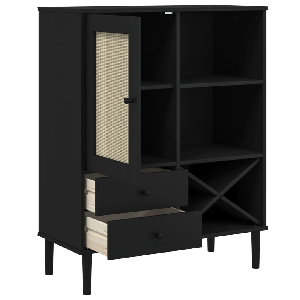 Highboard "SENJA" Rattan Look Black 90x40x112cm Solid Wood Pine