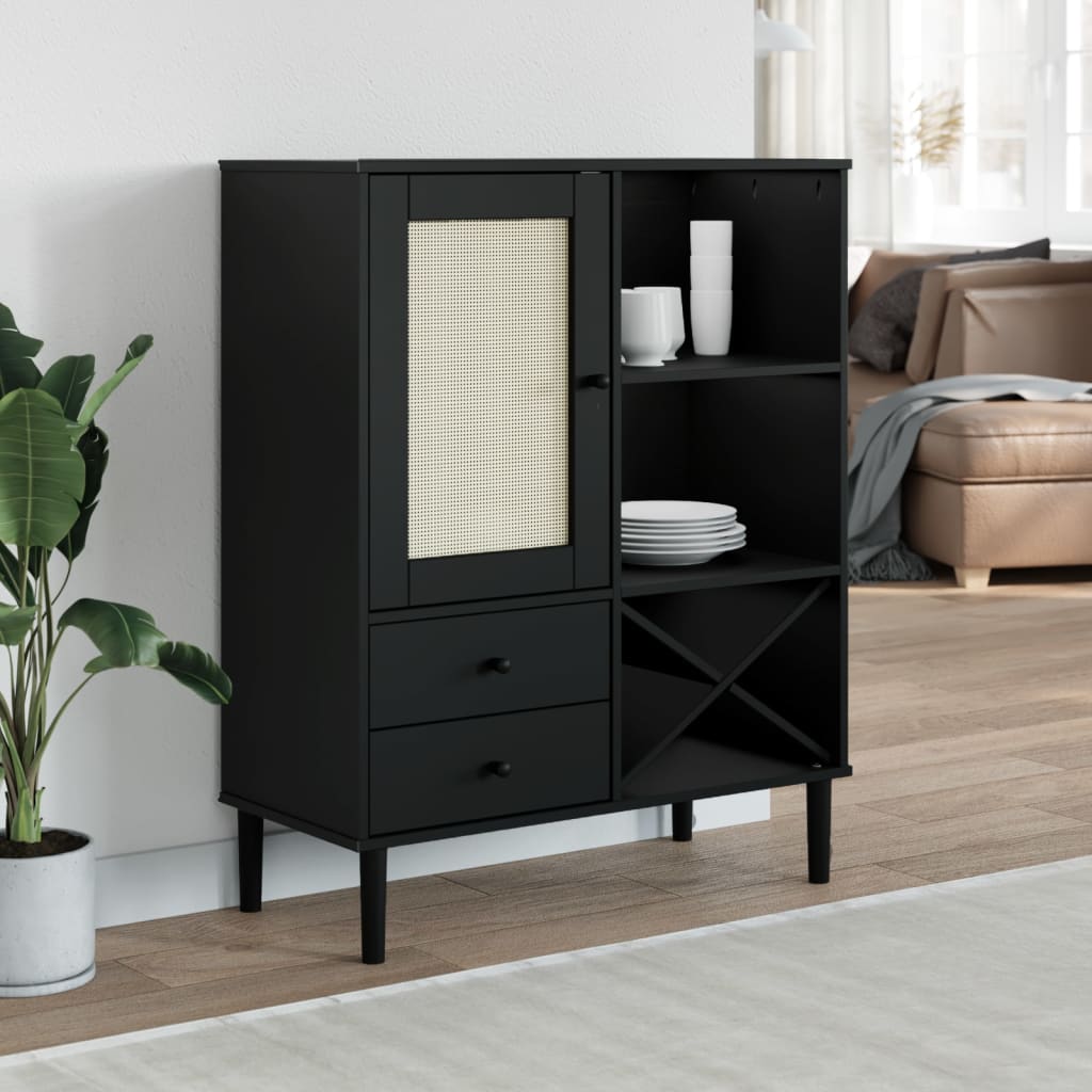 Highboard "SENJA" Rattan Look Black 90x40x112cm Solid Wood Pine
