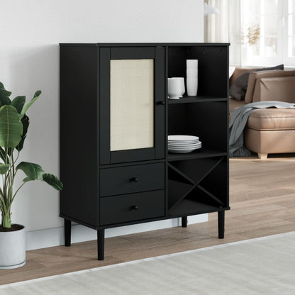 Highboard "SENJA" Rattan Look Black 90x40x112cm Solid Wood Pine