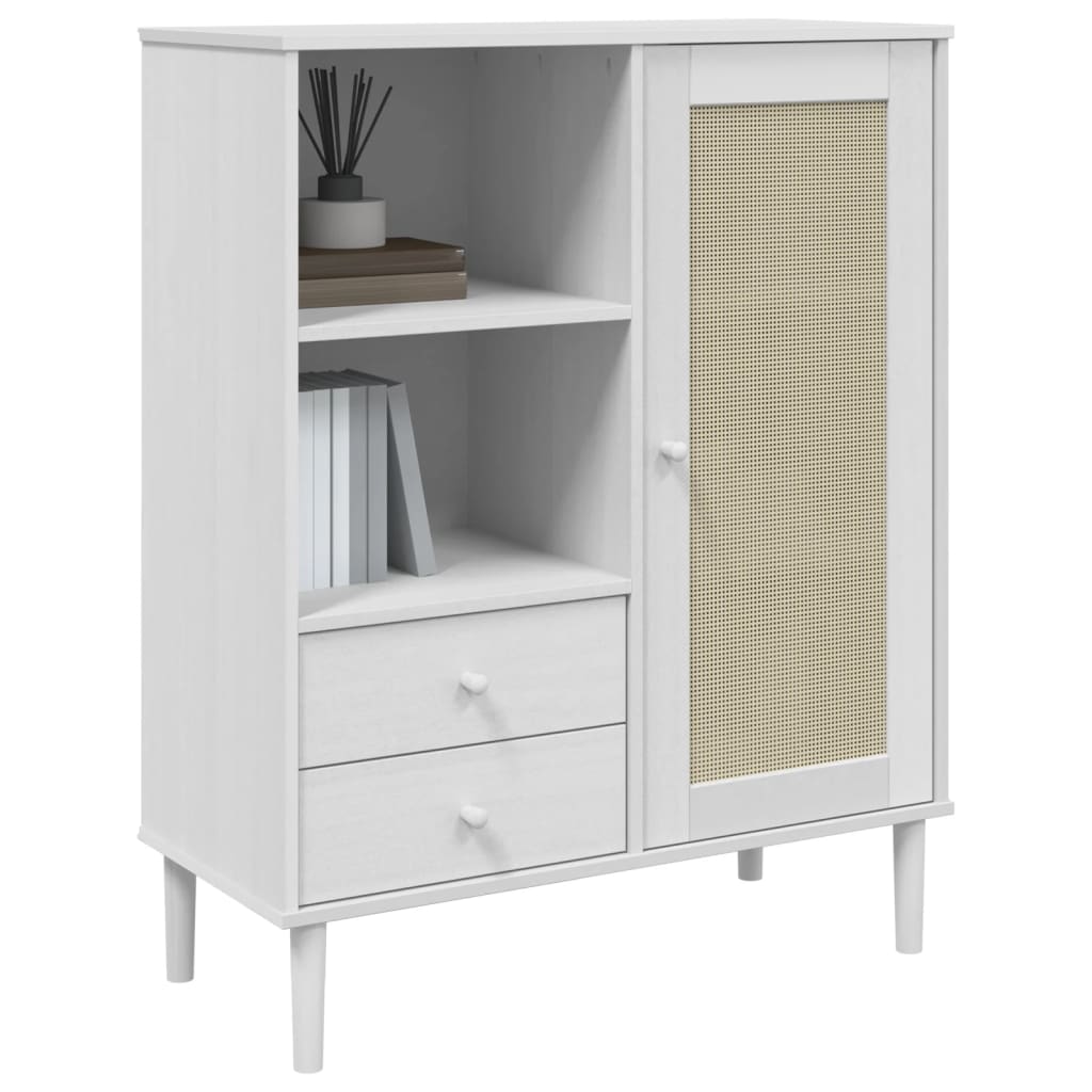 Highboard "SENJA" Rattan Look White 90x40x112 cm Solid Wood Pine