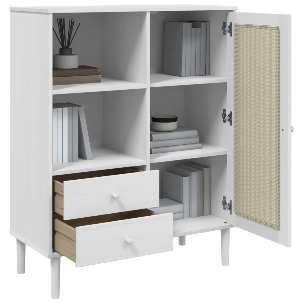 Highboard "SENJA" Rattan Look White 90x40x112 cm Solid Wood Pine