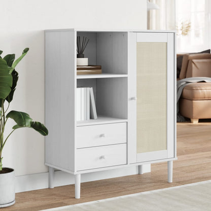 Highboard "SENJA" Rattan Look White 90x40x112 cm Solid Wood Pine