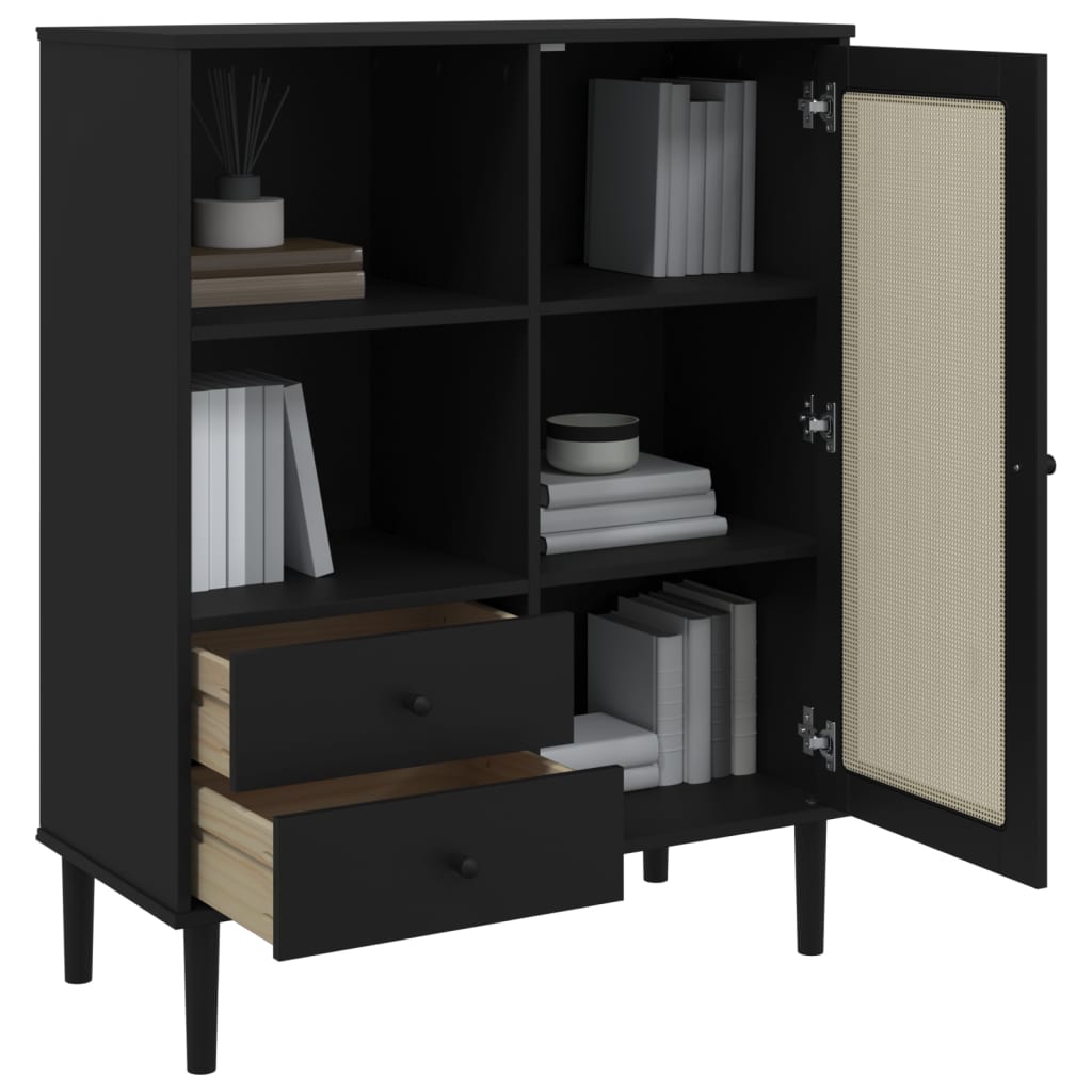 Highboard "SENJA" Rattan Look Black 90x40x112 cm Solid Wood Pine