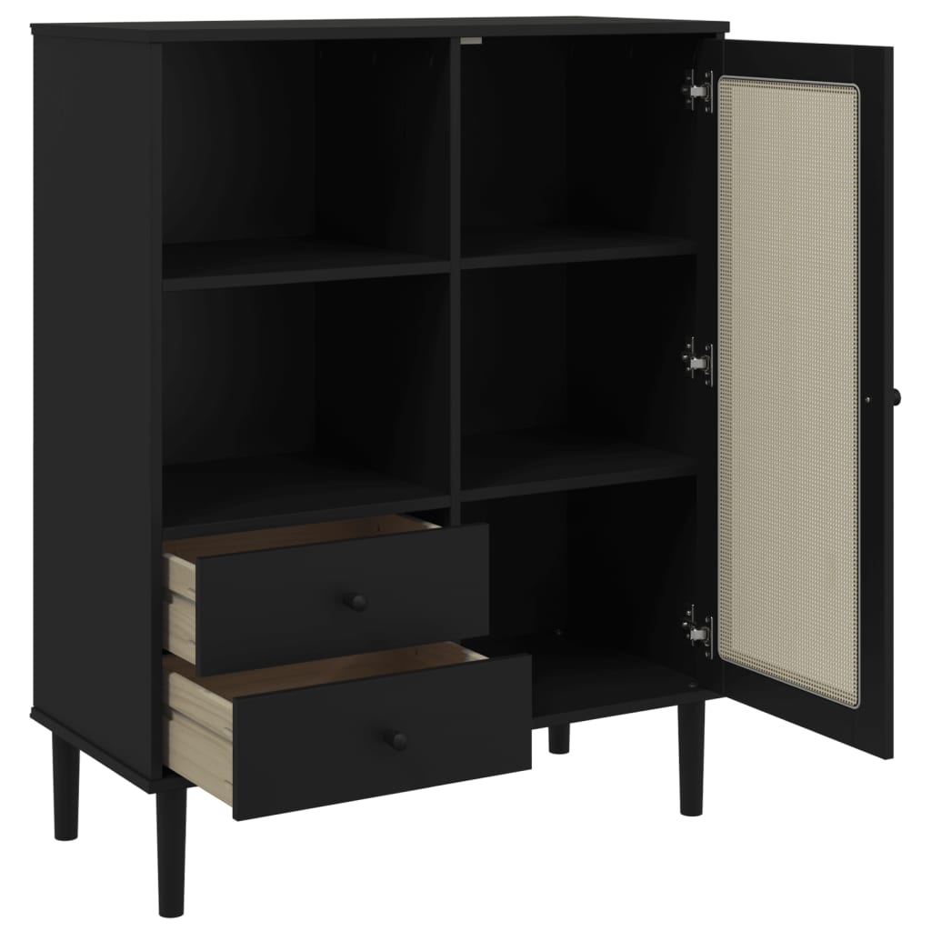 Highboard "SENJA" Rattan Look Black 90x40x112 cm Solid Wood Pine