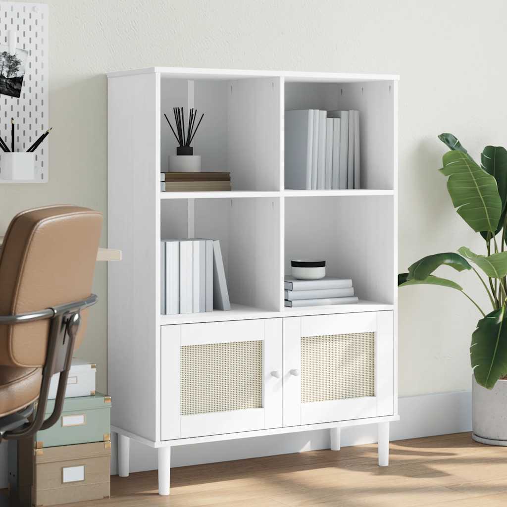 Bookcase "SENJA" Rattan Look White 90x35x130 cm Solid Wood Pine
