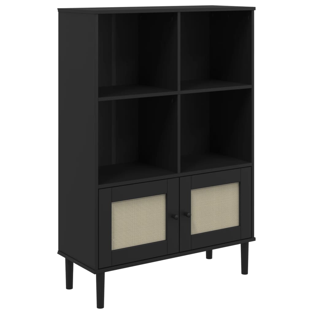 Bookcase "SENJA" Rattan Look Black 90x35x130 cm Solid Wood Pine