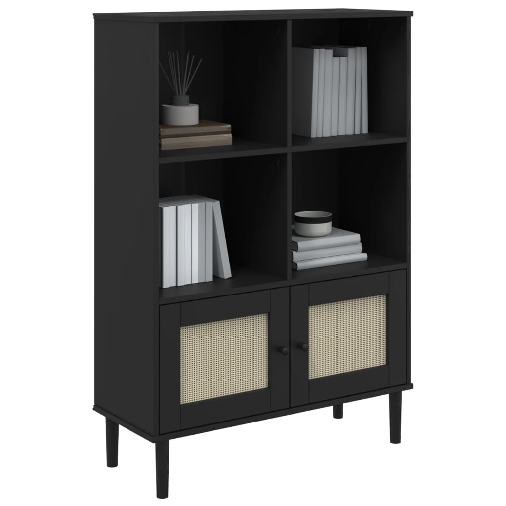 Bookcase "SENJA" Rattan Look Black 90x35x130 cm Solid Wood Pine