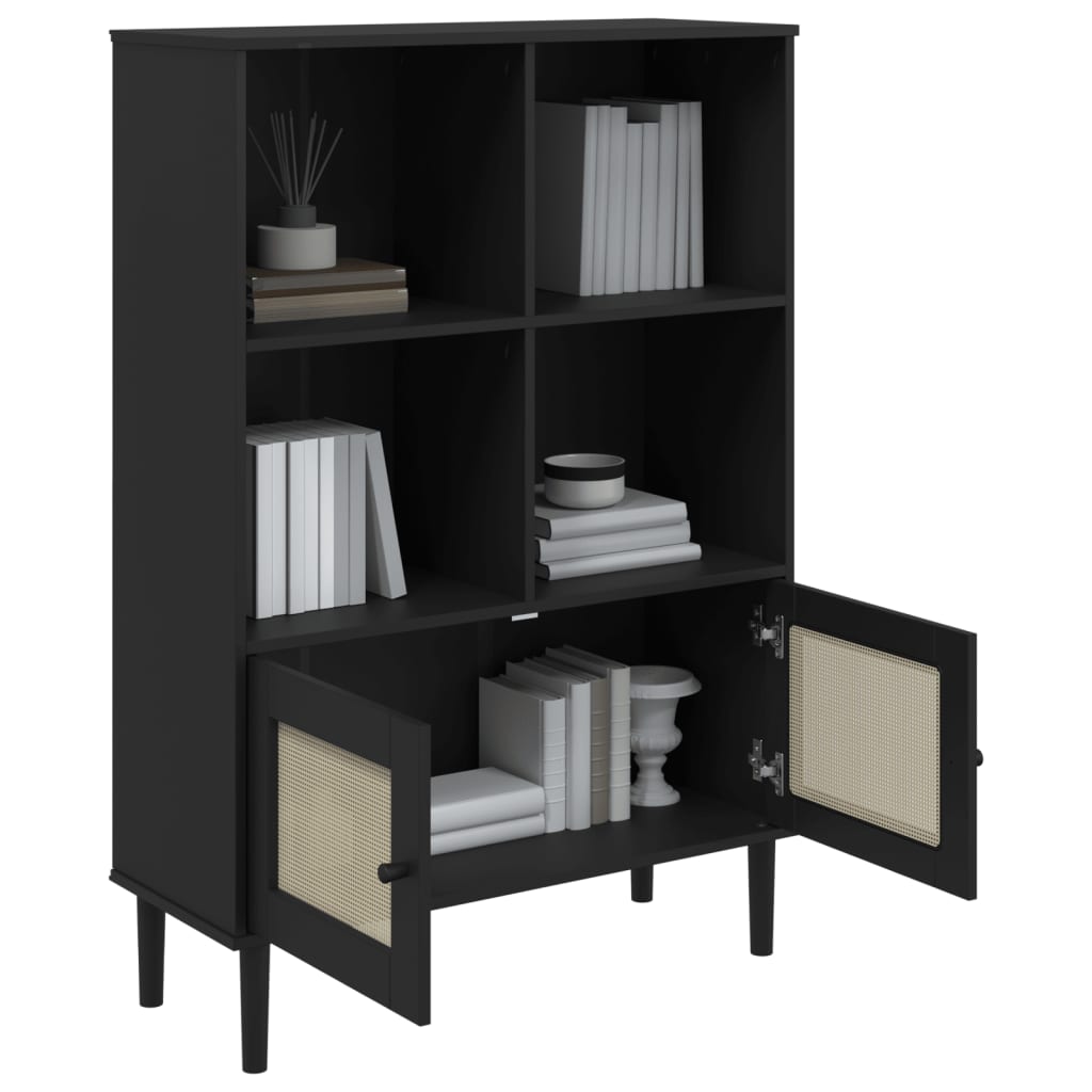 Bookcase "SENJA" Rattan Look Black 90x35x130 cm Solid Wood Pine