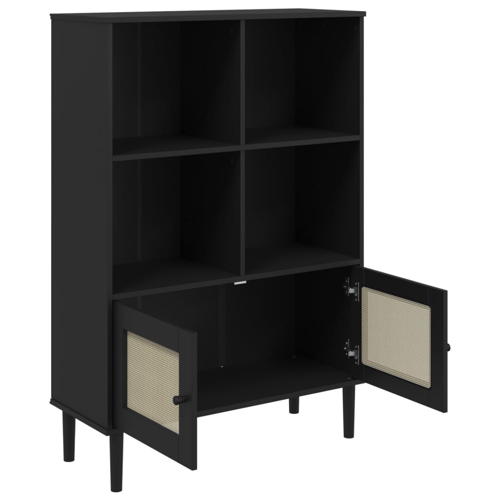 Bookcase "SENJA" Rattan Look Black 90x35x130 cm Solid Wood Pine