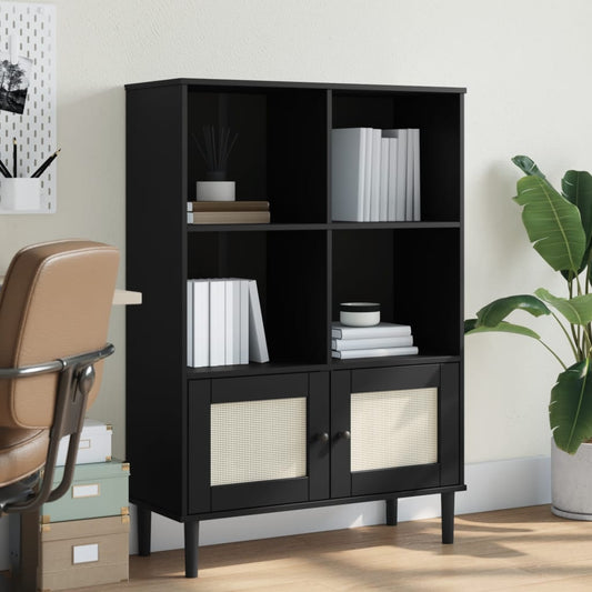 Bookcase "SENJA" Rattan Look Black 90x35x130 cm Solid Wood Pine