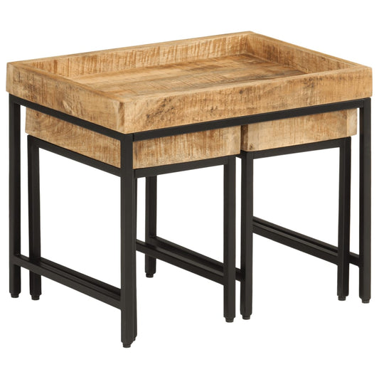 Nesting Coffee Tables 3 pcs Solid Rough Mango Wood and Iron