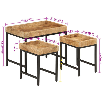Nesting Coffee Tables 3 pcs Solid Rough Mango Wood and Iron