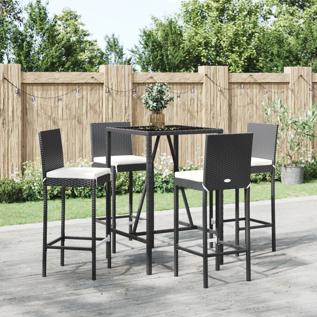 5 Piece Garden Bar Set with Cushions Black Poly Rattan