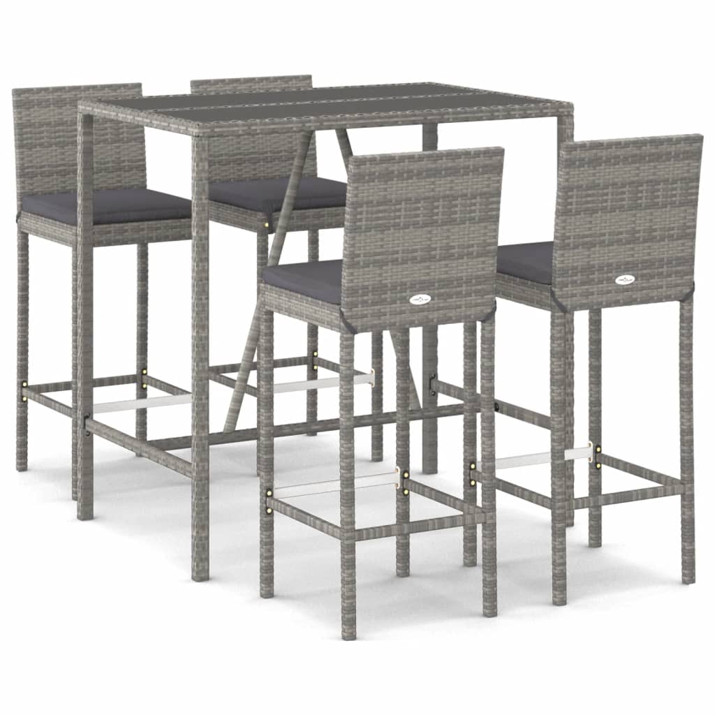 5 Piece Garden Bar Set with Cushions Grey Poly Rattan