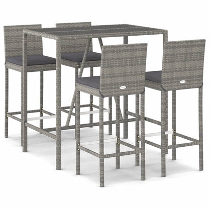 5 Piece Garden Bar Set with Cushions Grey Poly Rattan