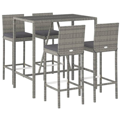 5 Piece Garden Bar Set with Cushions Grey Poly Rattan