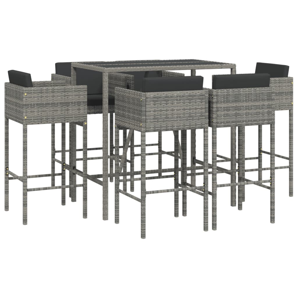 7 Piece Garden Bar Set with Cushions Grey Poly Rattan