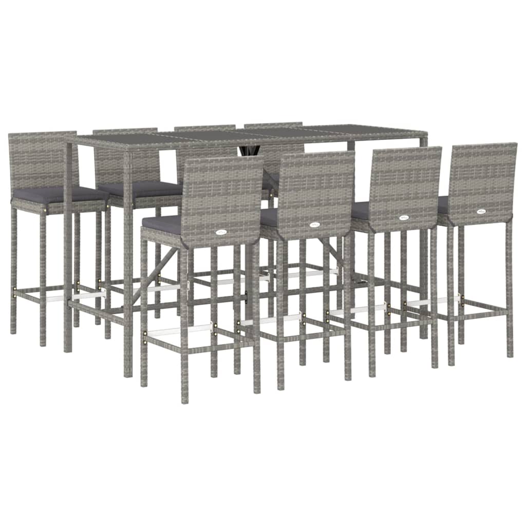 9 Piece Garden Bar Set with Cushions Grey Poly Rattan