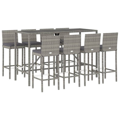 9 Piece Garden Bar Set with Cushions Grey Poly Rattan