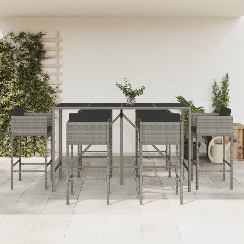 7 Piece Garden Bar Set with Cushions Grey Poly Rattan
