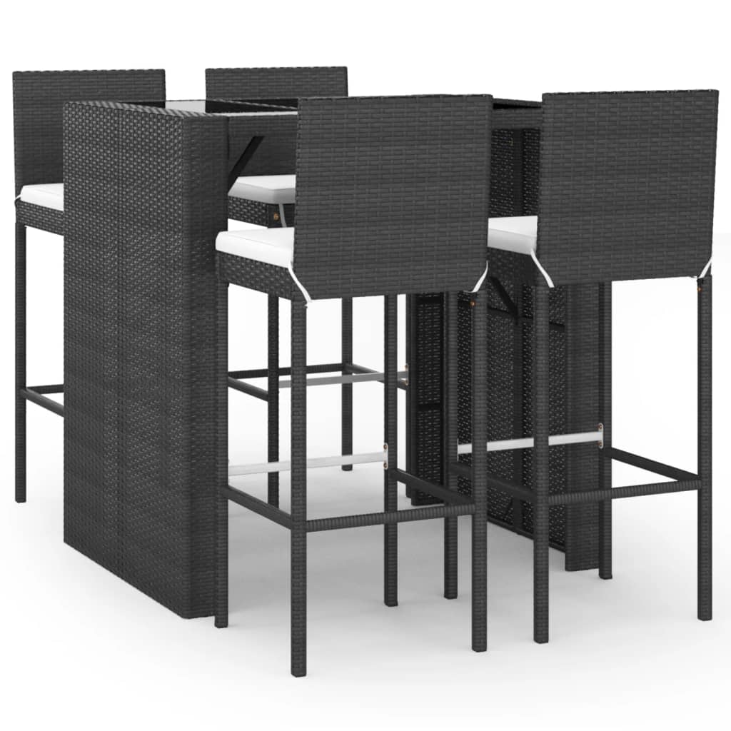 5 Piece Garden Bar Set with Cushions Black Poly Rattan