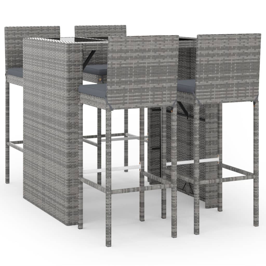 5 Piece Garden Bar Set with Cushions Grey Poly Rattan