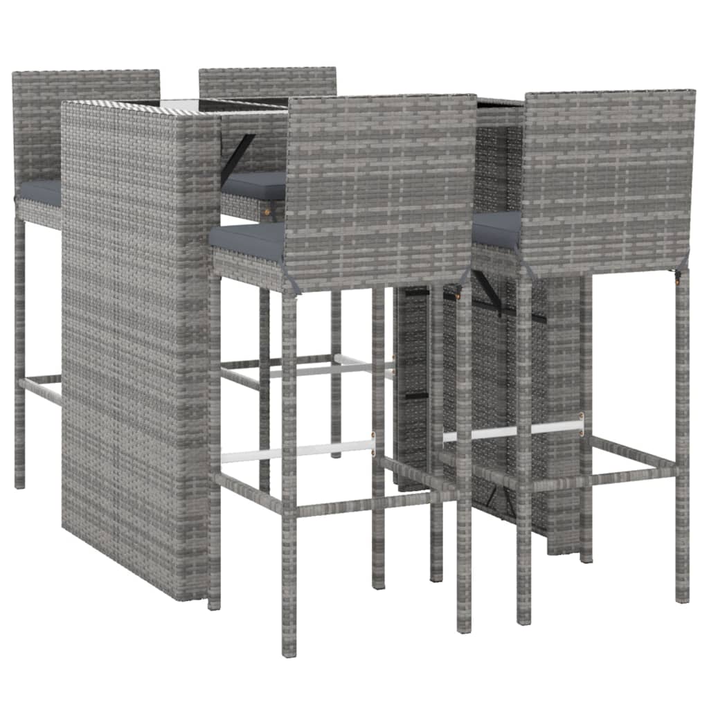 5 Piece Garden Bar Set with Cushions Grey Poly Rattan