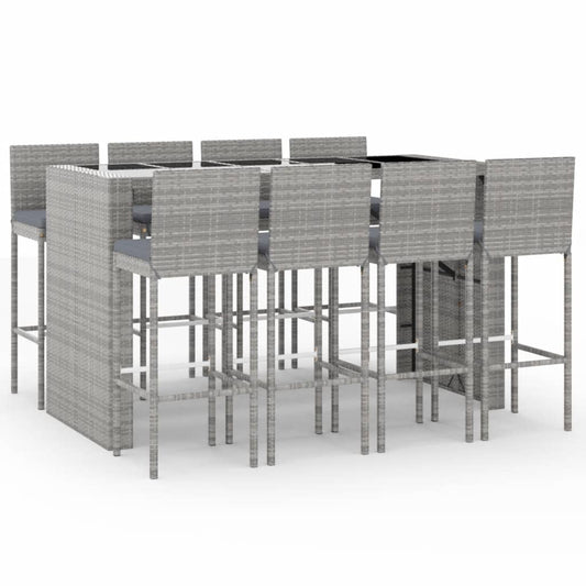 9 Piece Garden Bar Set with Cushions Grey Poly Rattan