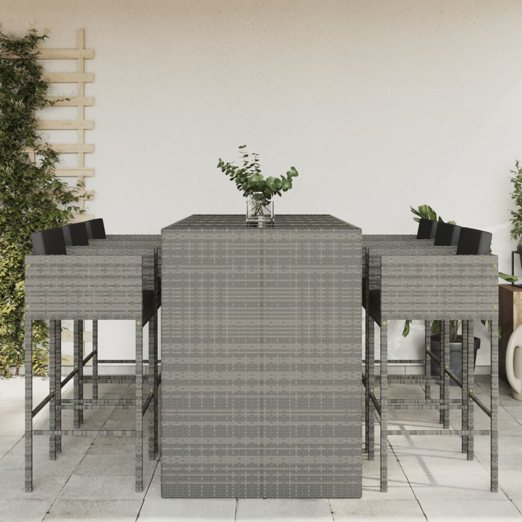 7 Piece Garden Bar Set with Cushions Grey Poly Rattan