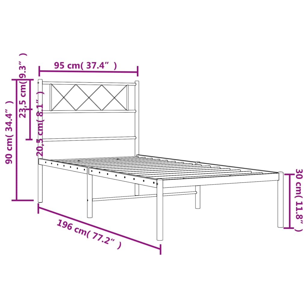 Metal Bed Frame without Mattress with Headboard White 90x190cm