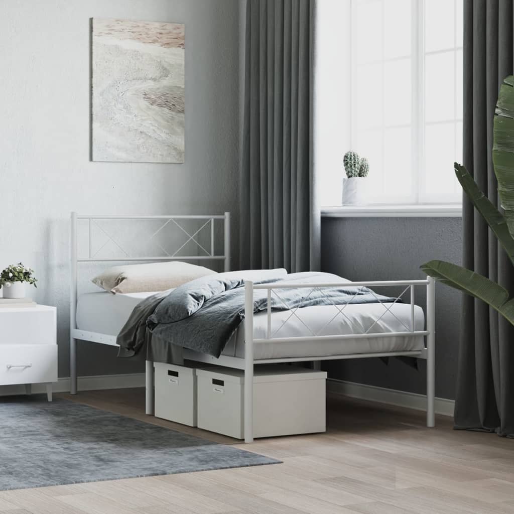 Metal Bed Frame without Mattress with Footboard White 107x203cm